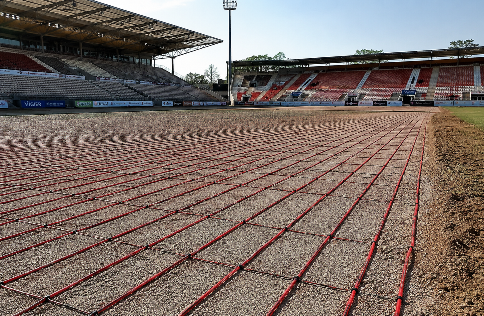 Installation de câbles chauffants ELTRACE sous une pelouse de stade de football pour empêcher le gel du terrain