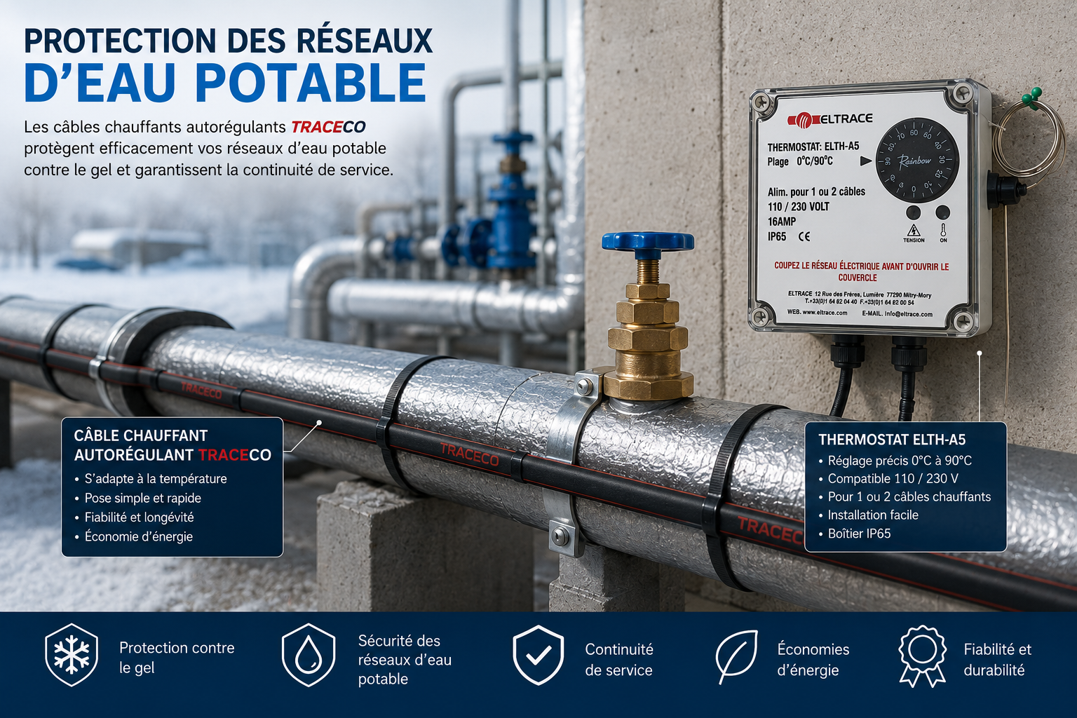 Protection des réseaux d'eau potable par câble chauffant autorégulant TRACECO avec thermostat ELTH-A5 ELTRACE