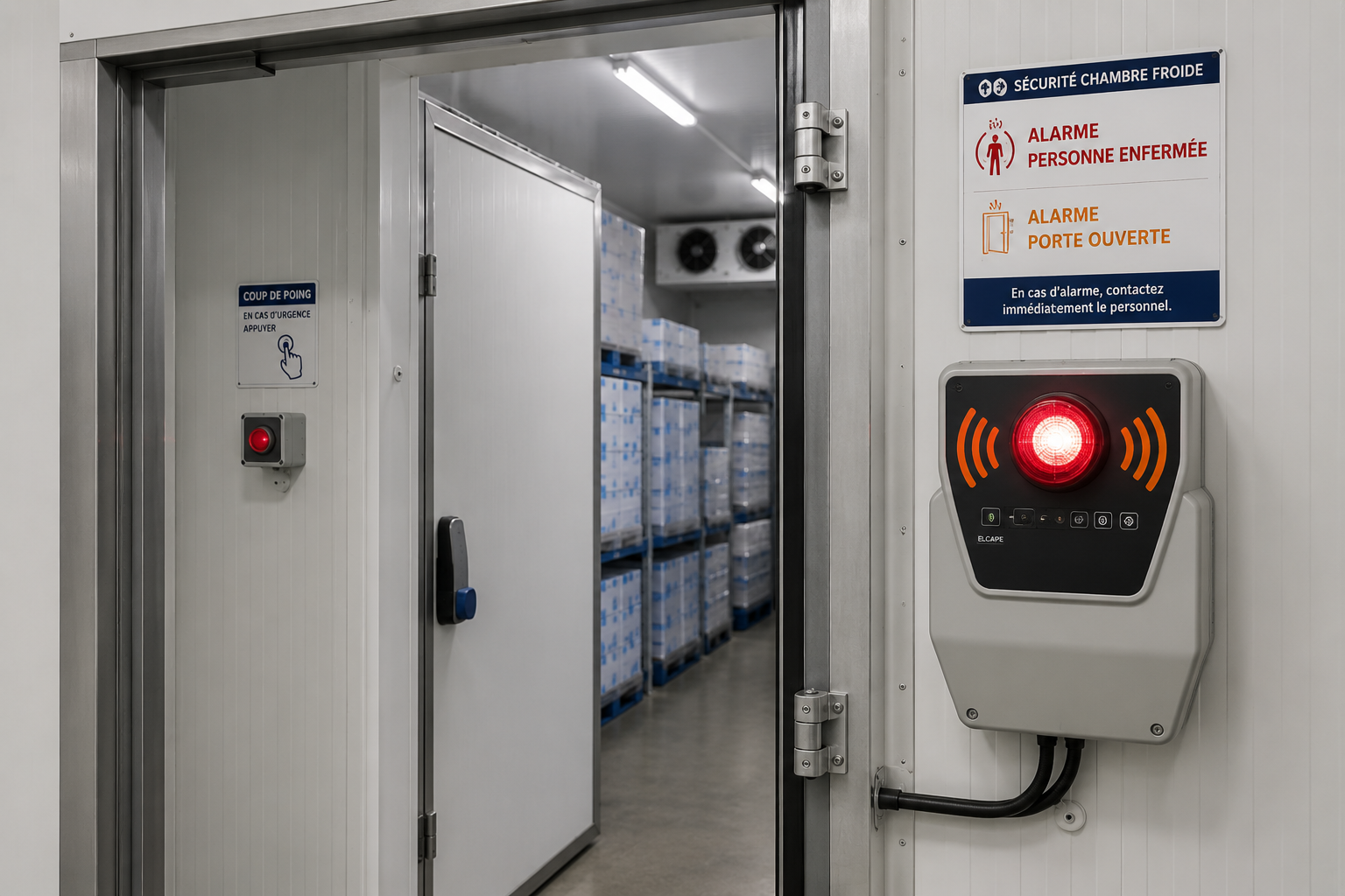 Coffret d'alarme ELCAPE pour personne enfermée et alarme porte ouverte en chambre froide
