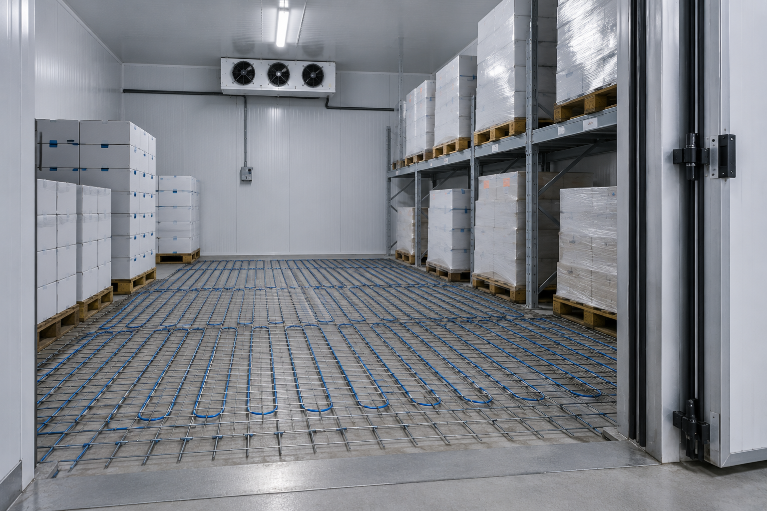 Trame chauffante ELSOL installée sous le sol d'une chambre froide pour prévenir le gel du dallage